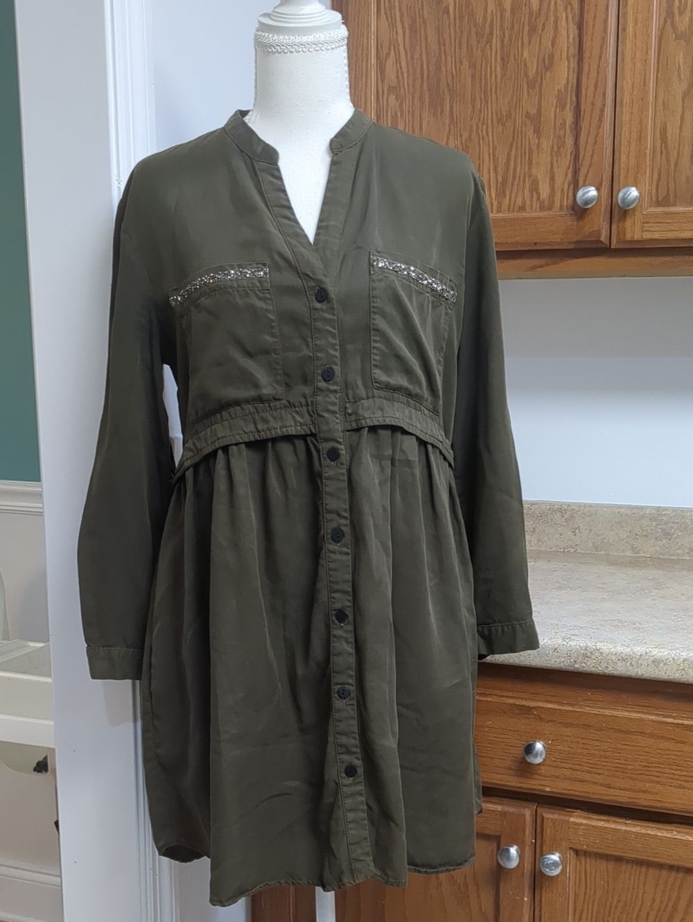 Zara Olive Green Beaded Utility Shirt Dress Roll Tab Sleeve Size Small